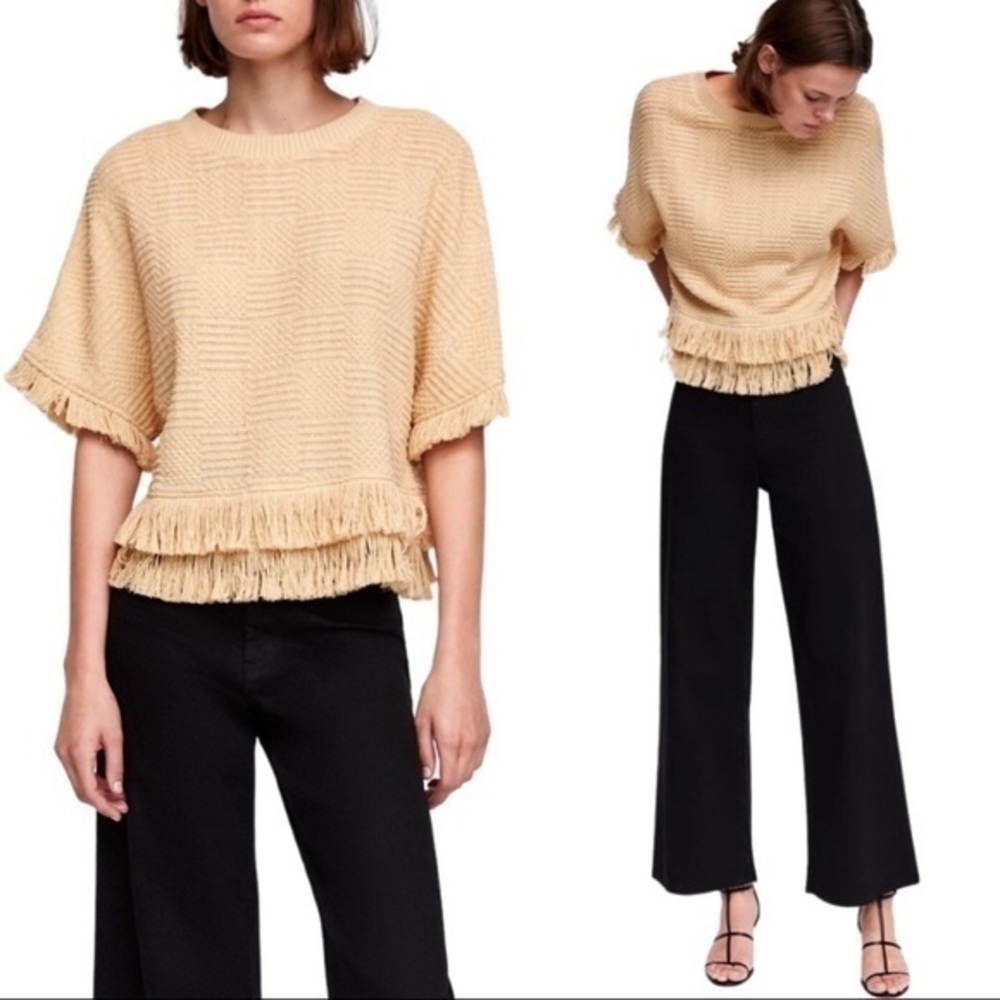ZARA Fringe Textured Knit Short Sleeve Tan Sweater Top Size XS NWOT